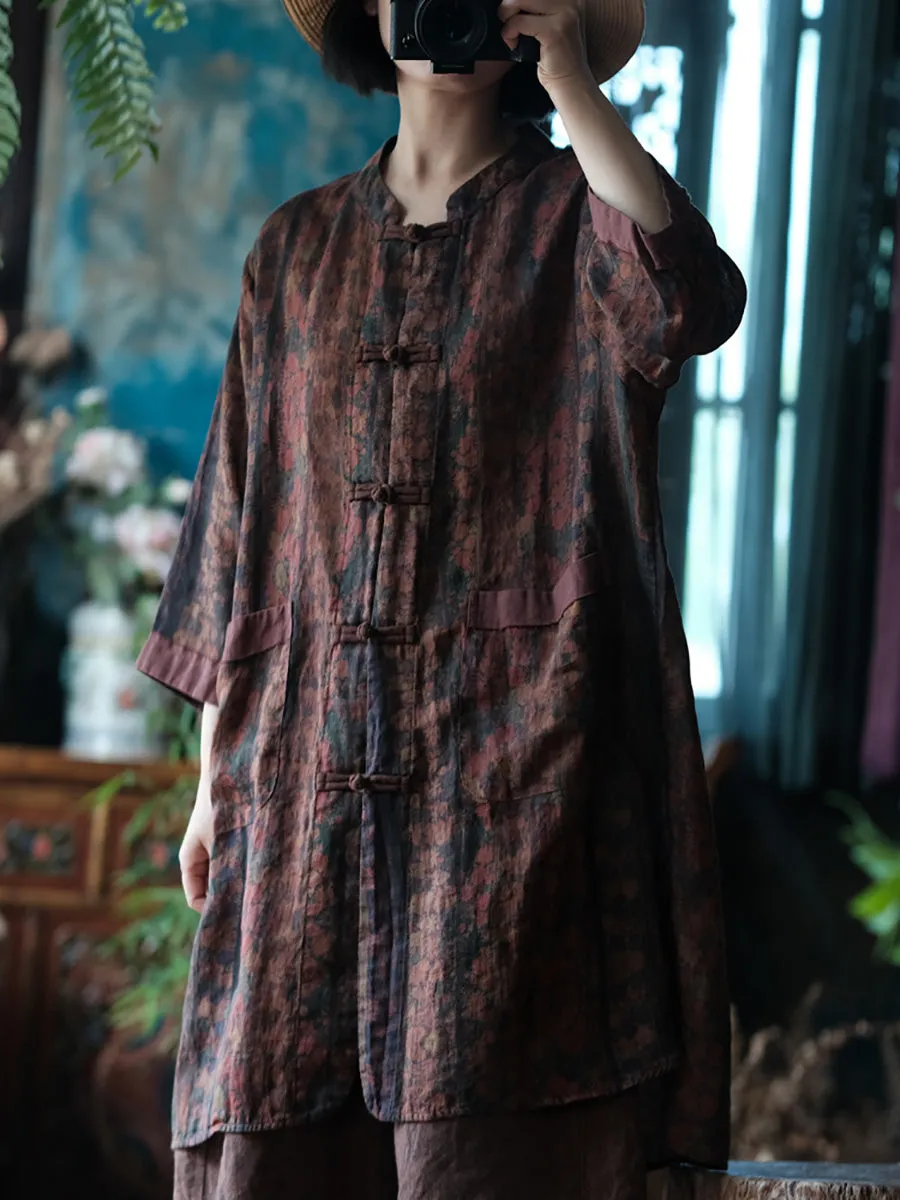 Women Ethnic Summer Flower Button-up Ramie Shirt