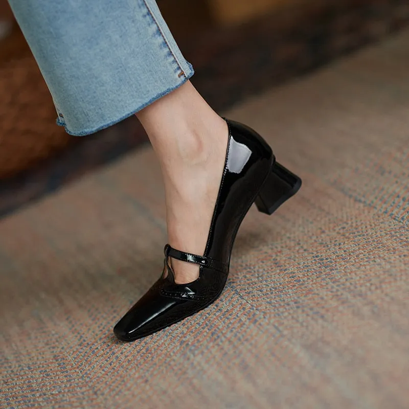 Women Leather Mid-Heel Pumps Shoes