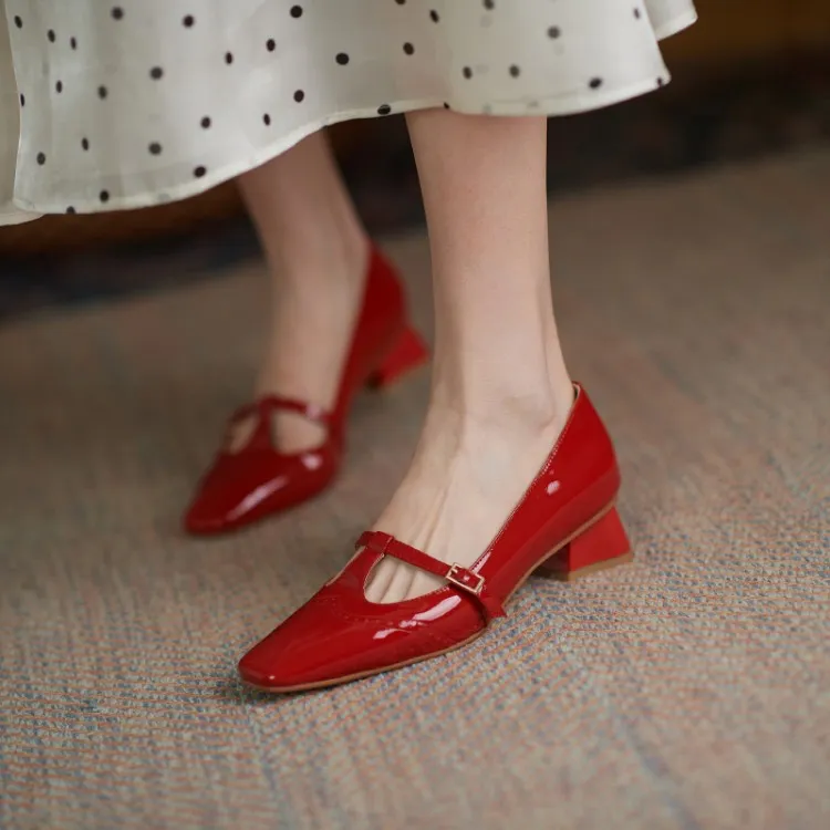 Women Leather Mid-Heel Pumps Shoes