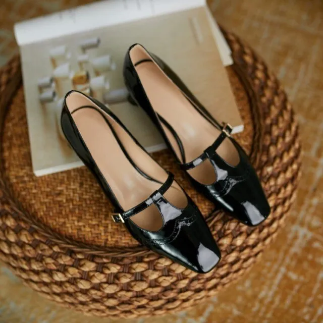 Women Leather Mid-Heel Pumps Shoes