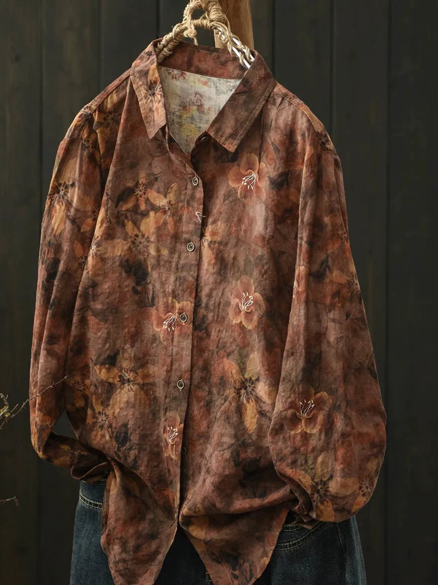 Women Spring Flower Turn-down Collar Shirt