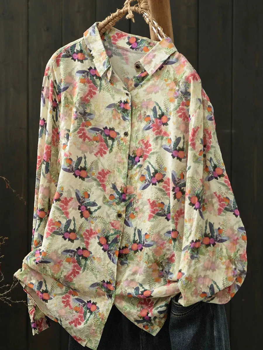 Women Spring Flower Turn-down Collar Shirt