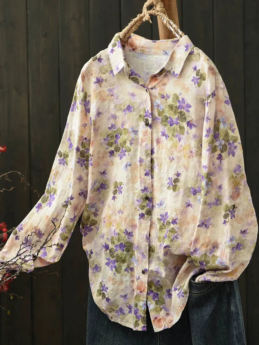 Women Spring Flower Turn-down Collar Shirt