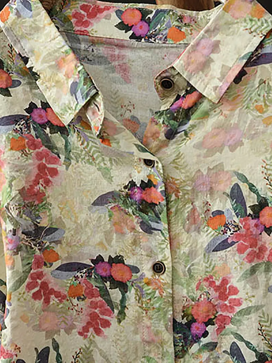 Women Spring Flower Turn-down Collar Shirt
