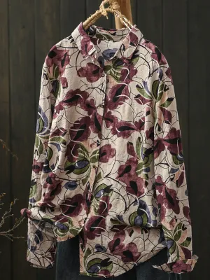 Women Spring Flower Turn-down Collar Shirt