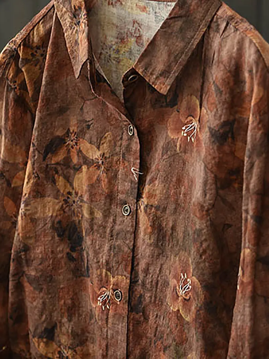 Women Spring Flower Turn-down Collar Shirt