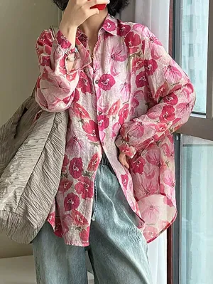 Women Summer Artsy Flower Turn-down Collar Shirt