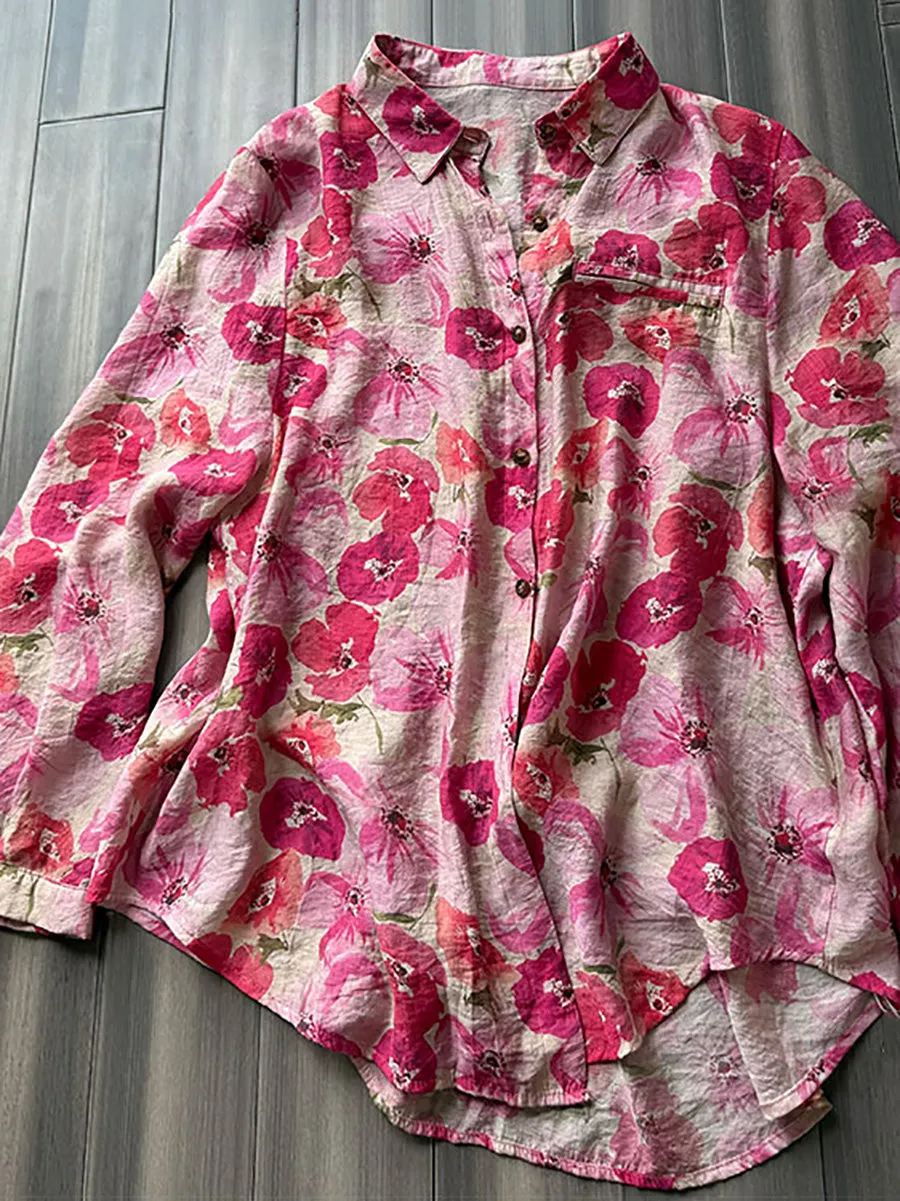 Women Summer Artsy Flower Turn-down Collar Shirt