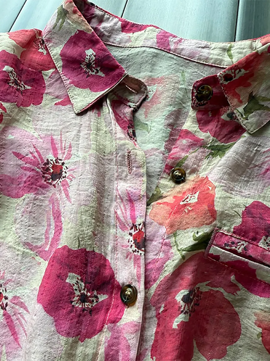 Women Summer Artsy Flower Turn-down Collar Shirt