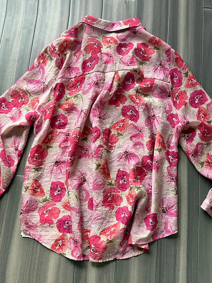 Women Summer Artsy Flower Turn-down Collar Shirt