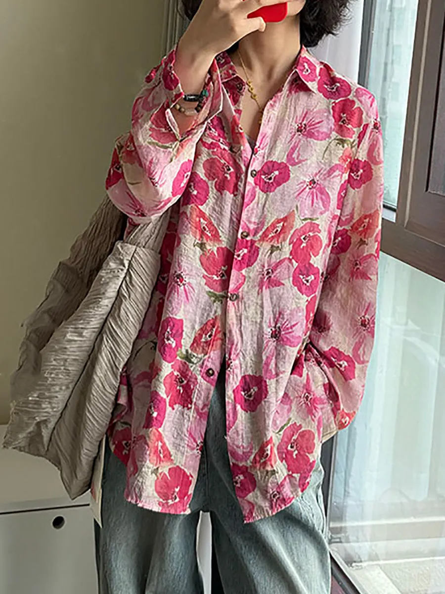Women Summer Artsy Flower Turn-down Collar Shirt