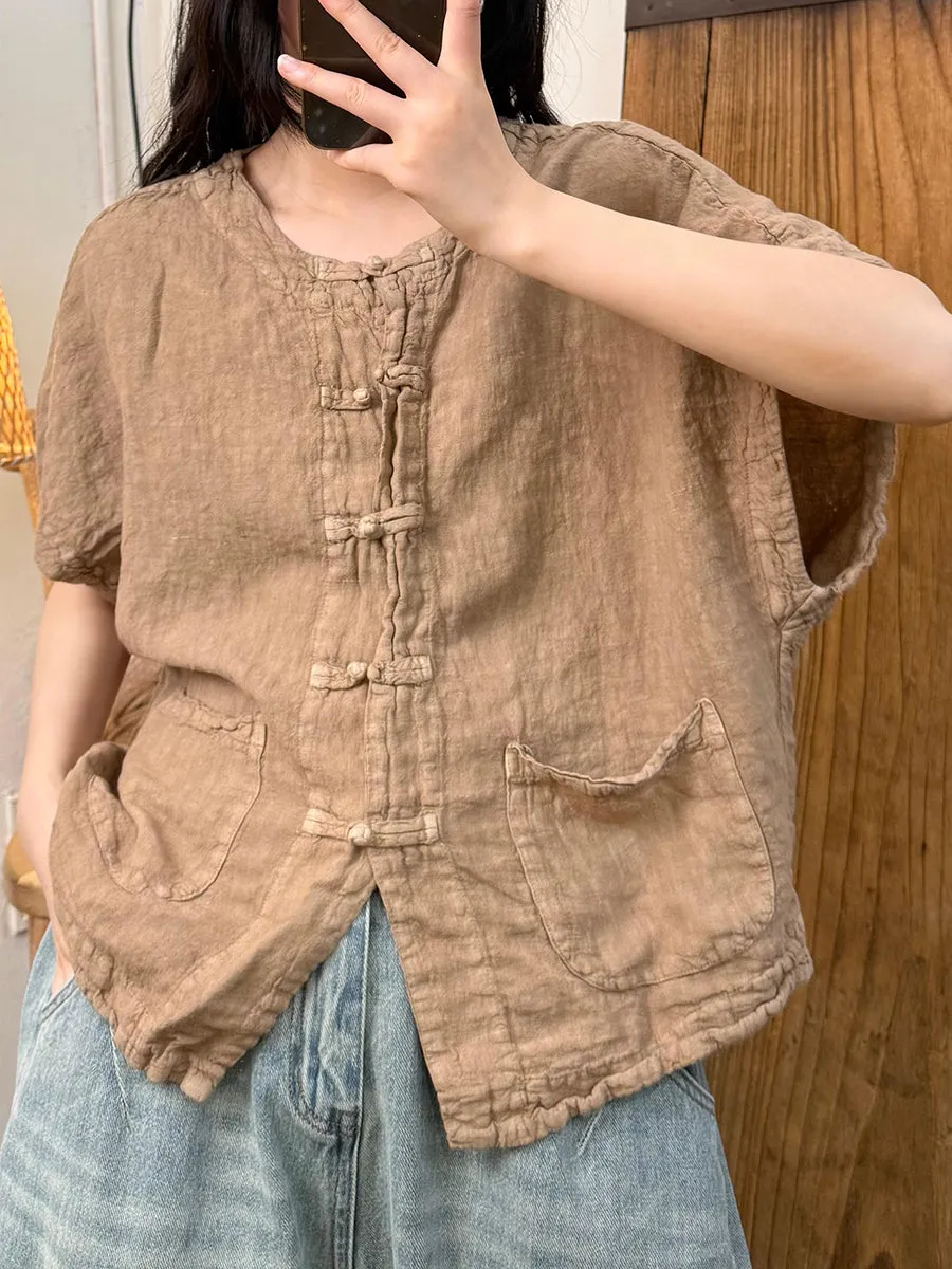 Women Summer Retro Button-up O-Neck Linen Shirt