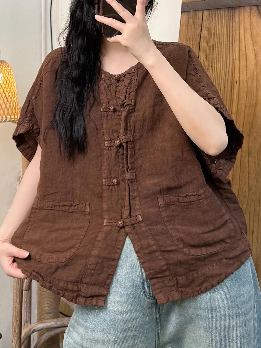 Women Summer Retro Button-up O-Neck Linen Shirt