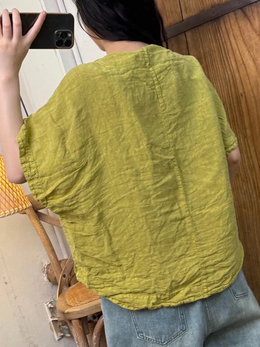 Women Summer Retro Button-up O-Neck Linen Shirt