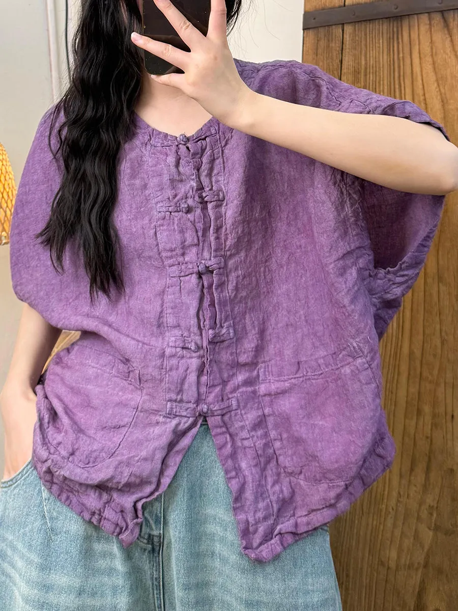 Women Summer Retro Button-up O-Neck Linen Shirt