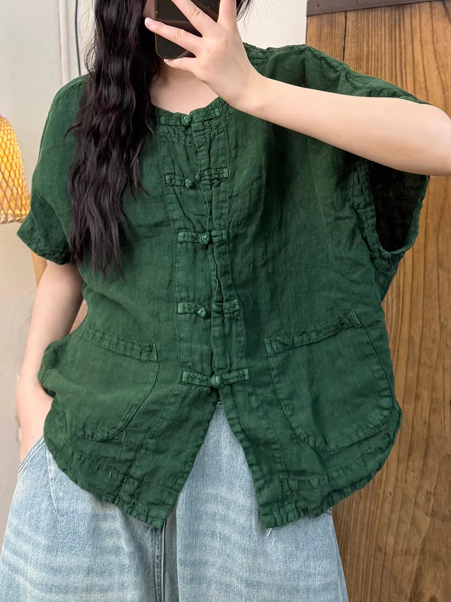 Women Summer Retro Button-up O-Neck Linen Shirt