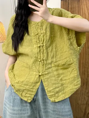 Women Summer Retro Button-up O-Neck Linen Shirt