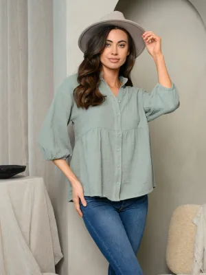 WOMEN'S 3/4 PUFF SLEEVE BUTTON FRONT TOP