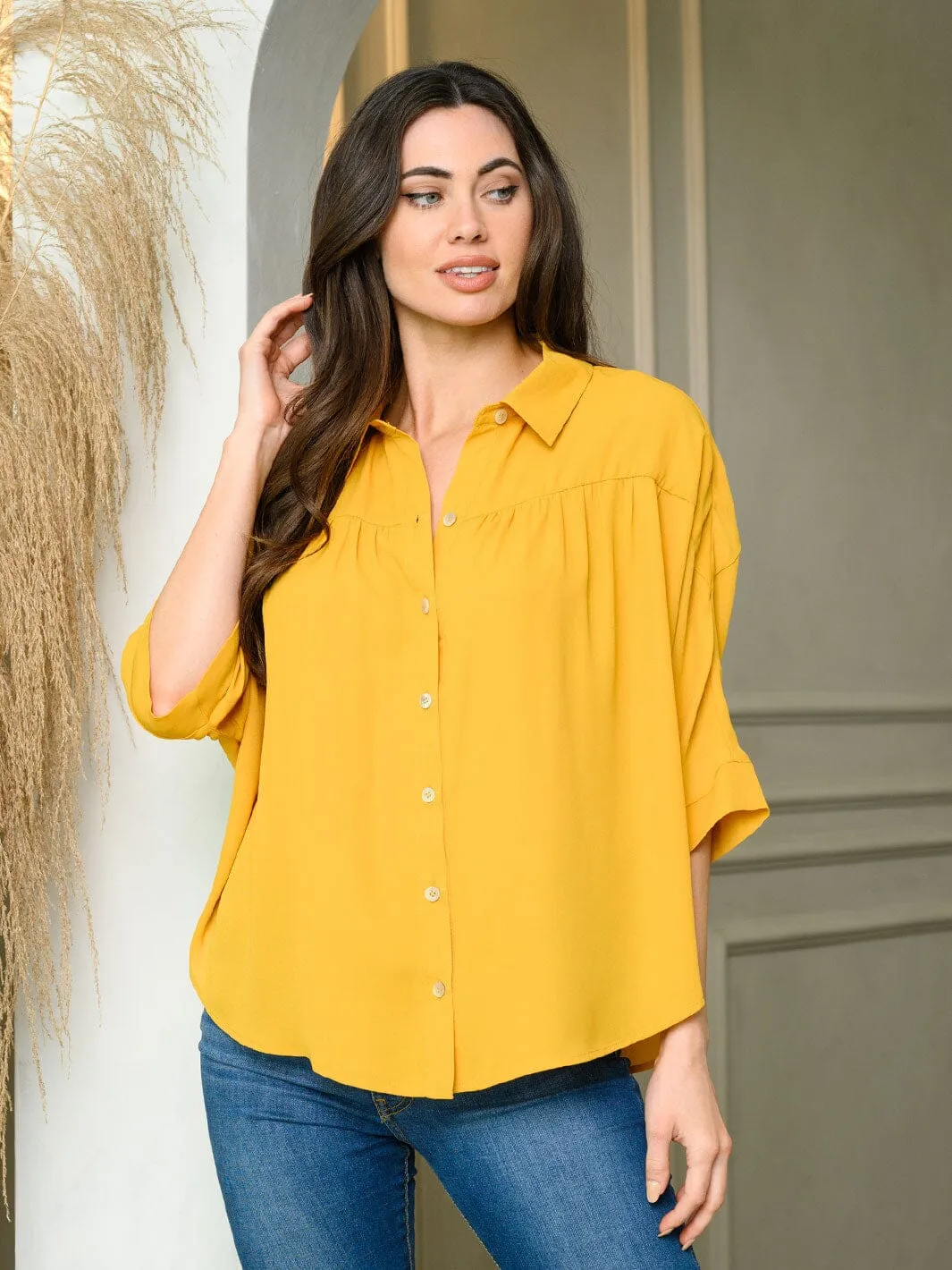 WOMEN'S 3/4 PUFF SLEEVE BUTTON UP LOOSE FIT TOP