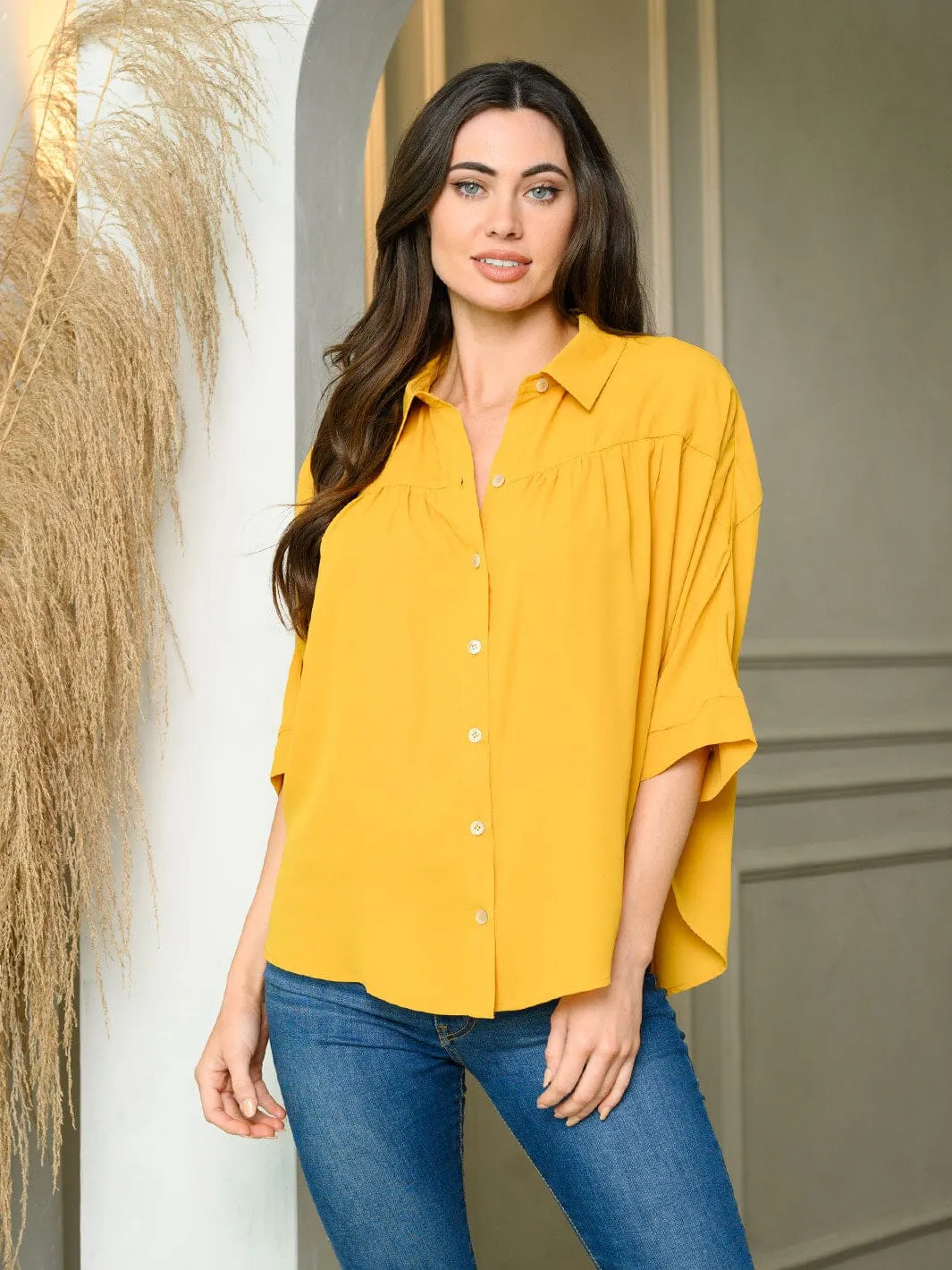 WOMEN'S 3/4 PUFF SLEEVE BUTTON UP LOOSE FIT TOP