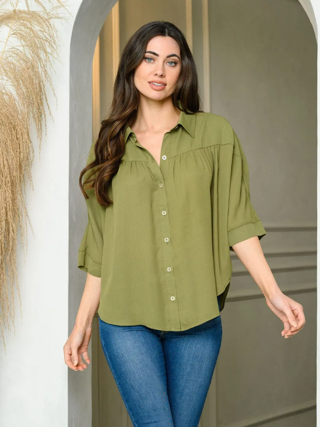 WOMEN'S 3/4 PUFF SLEEVE BUTTON UP LOOSE FIT TOP