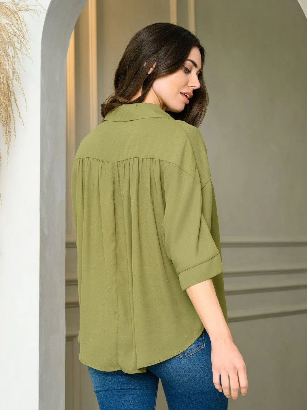 WOMEN'S 3/4 PUFF SLEEVE BUTTON UP LOOSE FIT TOP