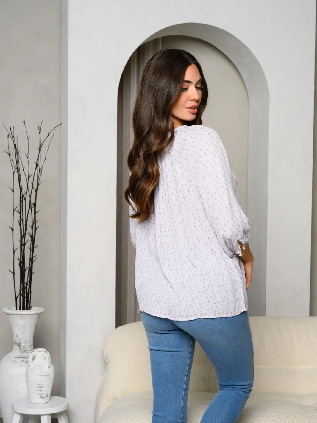 WOMEN'S 3/4 SLEEVE BOHO BUTTON DOWN BLOUSE PRINT TOP