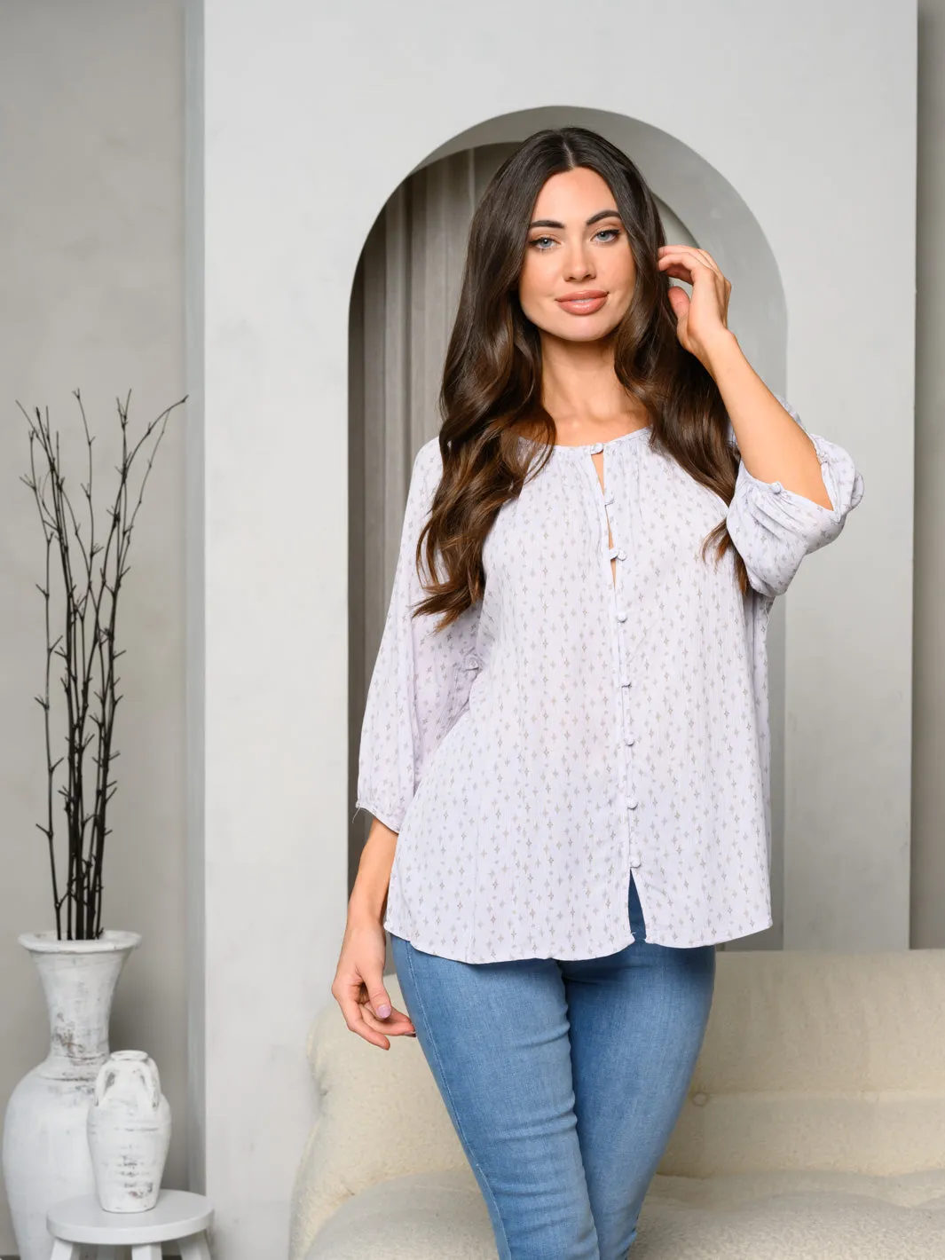 WOMEN'S 3/4 SLEEVE BOHO BUTTON DOWN BLOUSE PRINT TOP