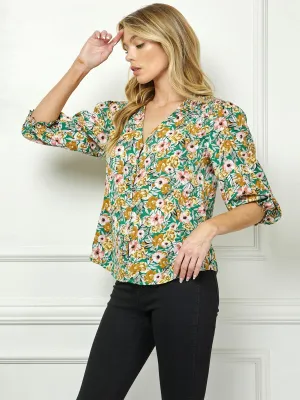 WOMEN'S 3/4 SLEEVE BUTTON CLOSURE FLORAL BLOUSE TOP