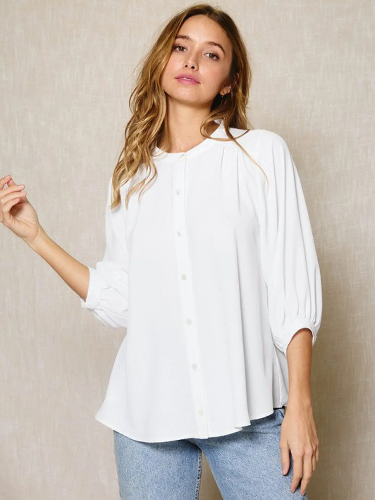 WOMEN'S 3/4 SLEEVE BUTTON UP PLEATED TUNIC TOP