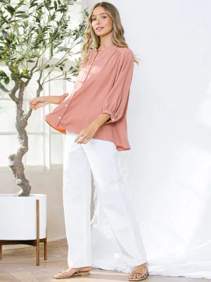 WOMEN'S 3/4 SLEEVE BUTTON UP PLEATED TUNIC TOP
