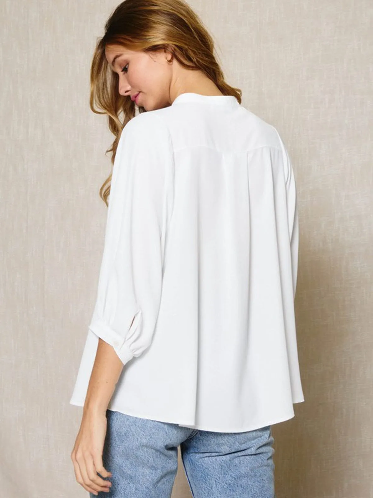 WOMEN'S 3/4 SLEEVE BUTTON UP PLEATED TUNIC TOP