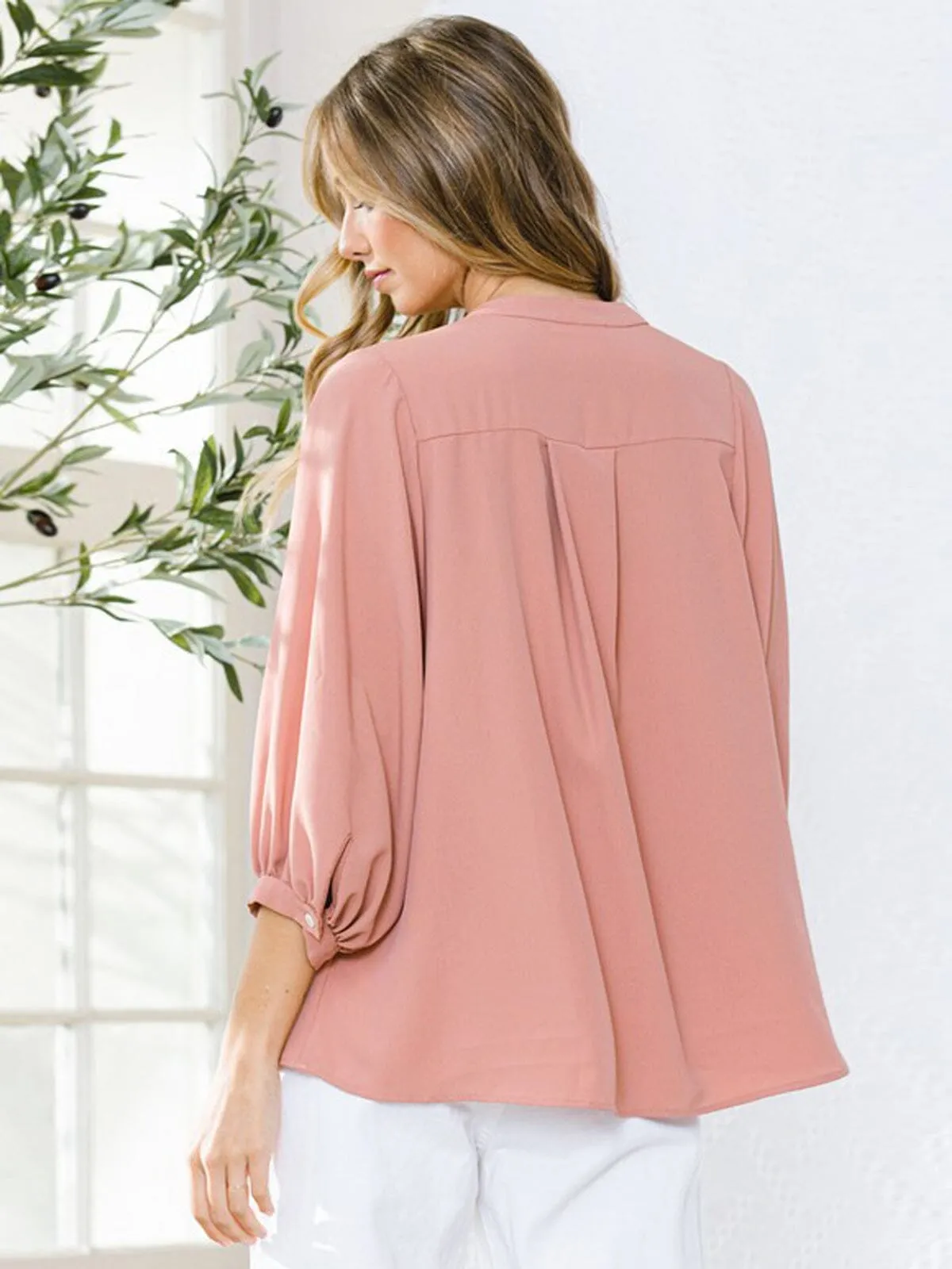 WOMEN'S 3/4 SLEEVE BUTTON UP PLEATED TUNIC TOP