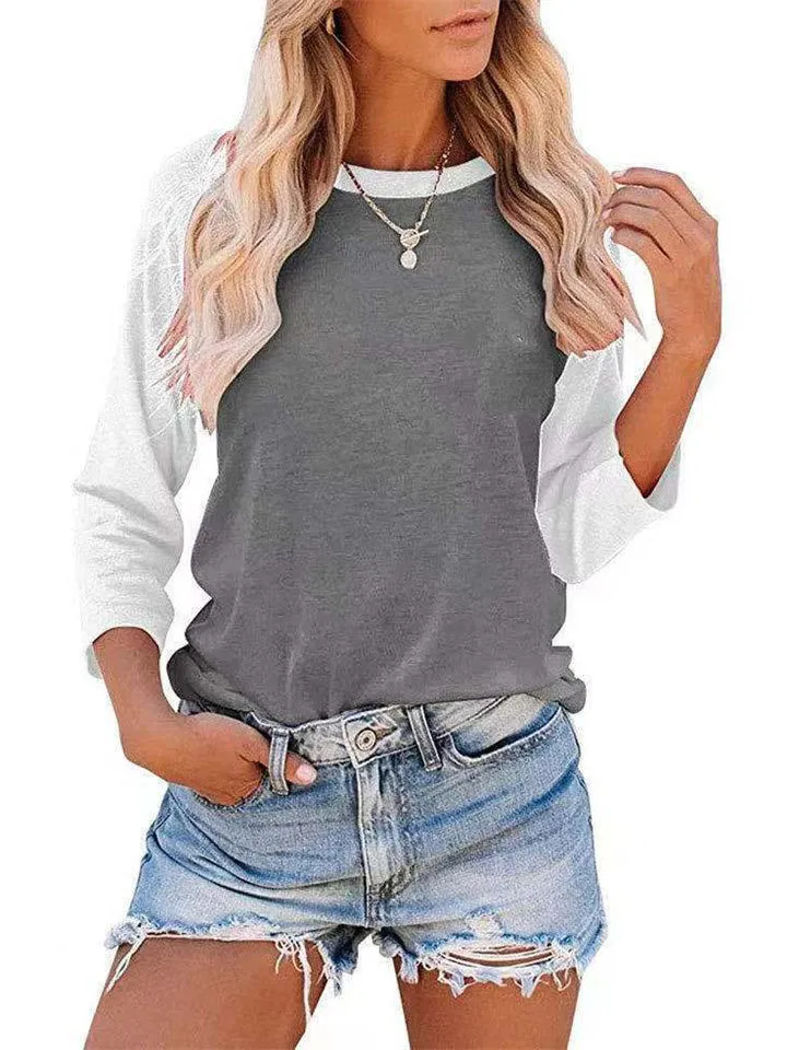 Women's Daily Wear Crew Neck Long Sleeve Contrast Color Shirt