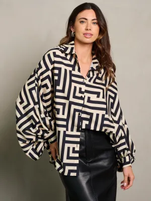 WOMEN'S LONG DRAPE SLEEVE BUTTON UP PRINTED BLOUSE TOP