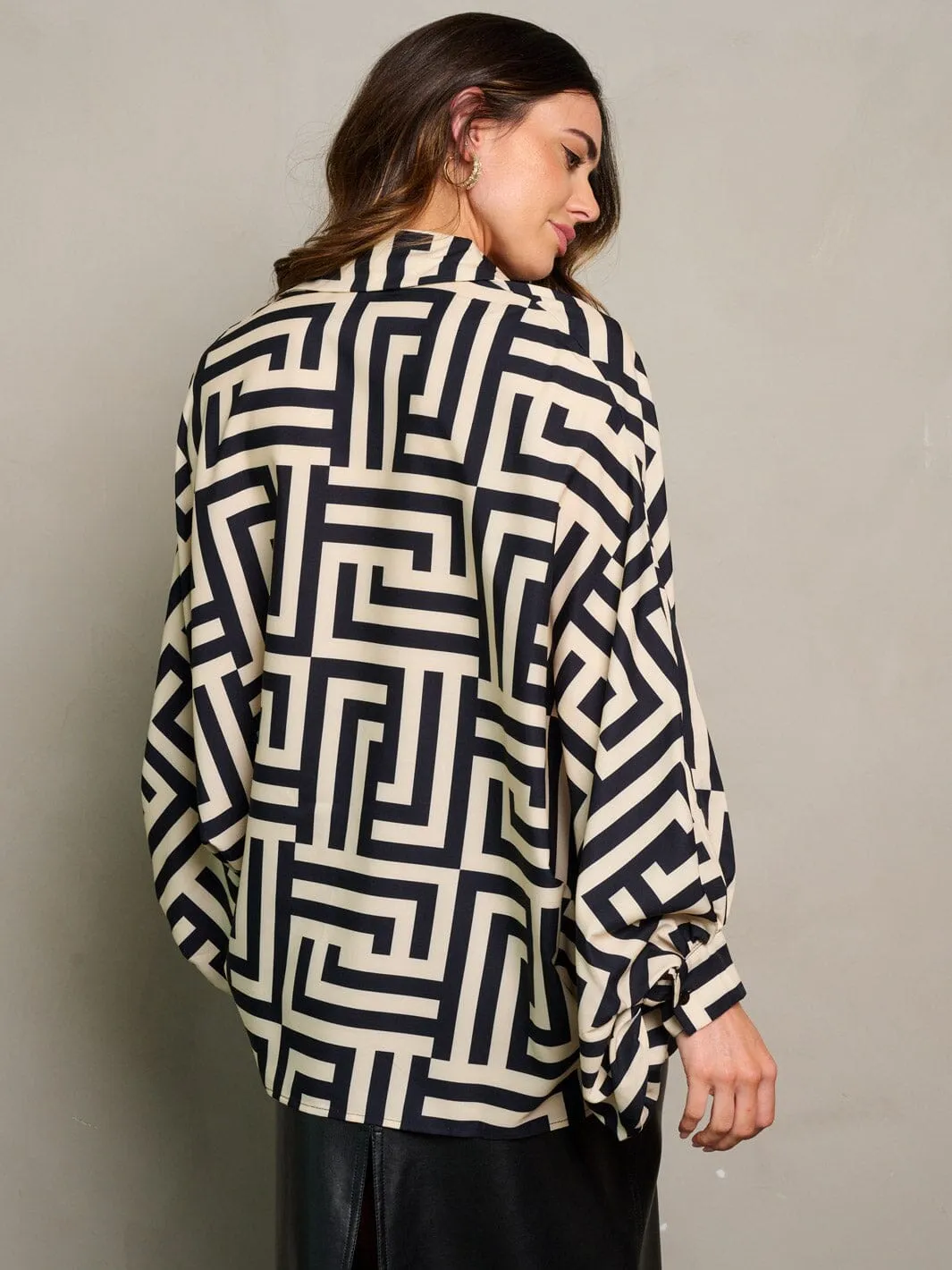 WOMEN'S LONG DRAPE SLEEVE BUTTON UP PRINTED BLOUSE TOP