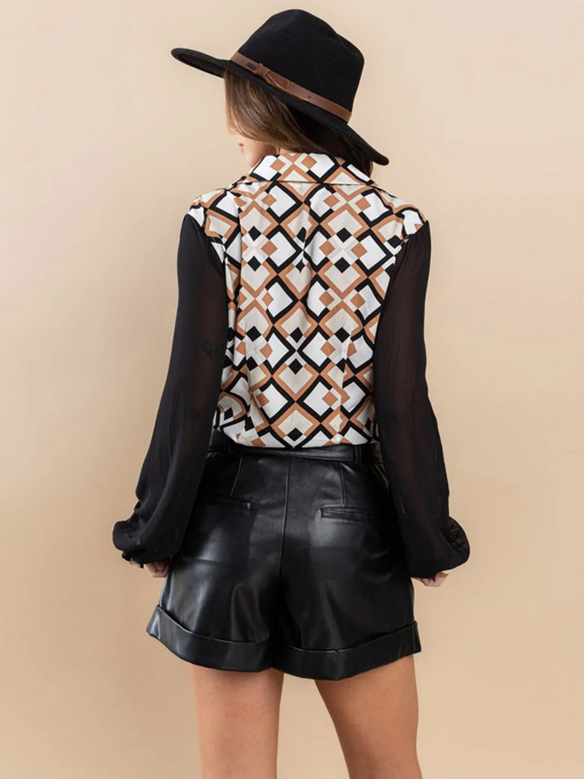 WOMEN'S LONG MESH SLEEVE BUTTON UP MULTI PRINT BLOUSE TOP