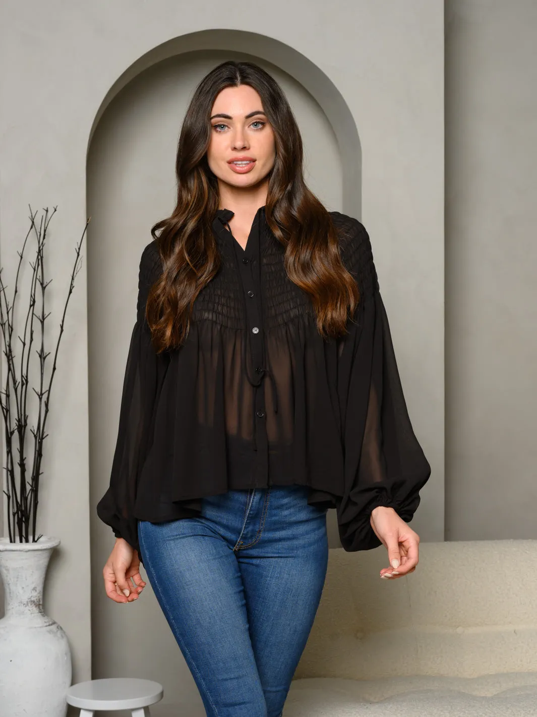 WOMEN'S LONG PUFF SLEEVE TUNIC BLOUSE TOP