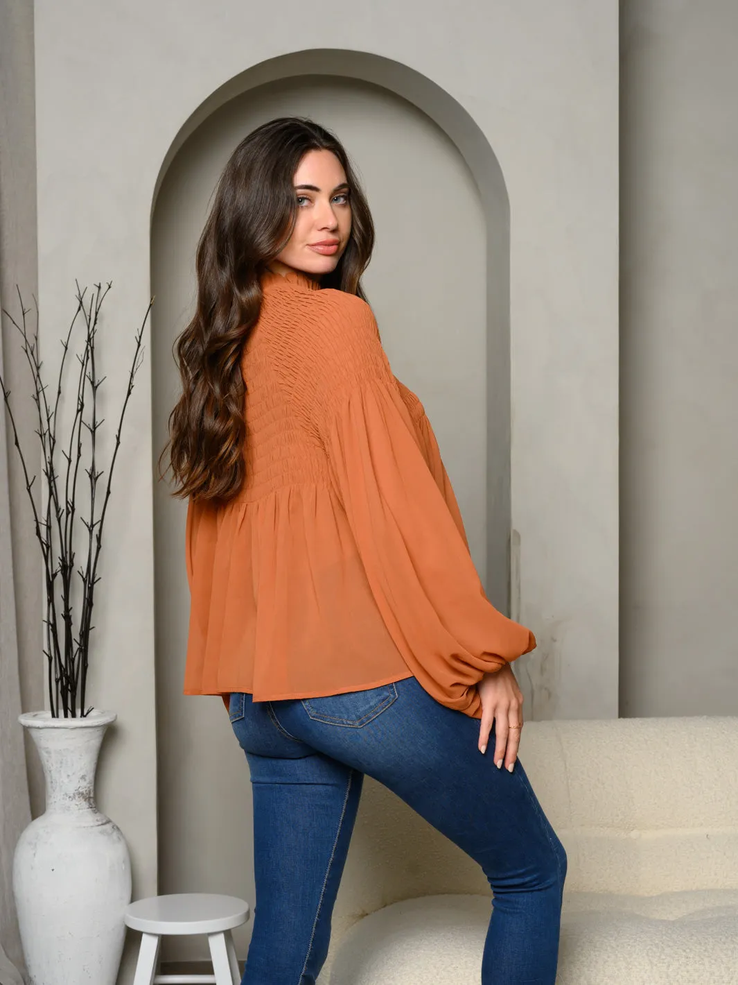 WOMEN'S LONG PUFF SLEEVE TUNIC BLOUSE TOP