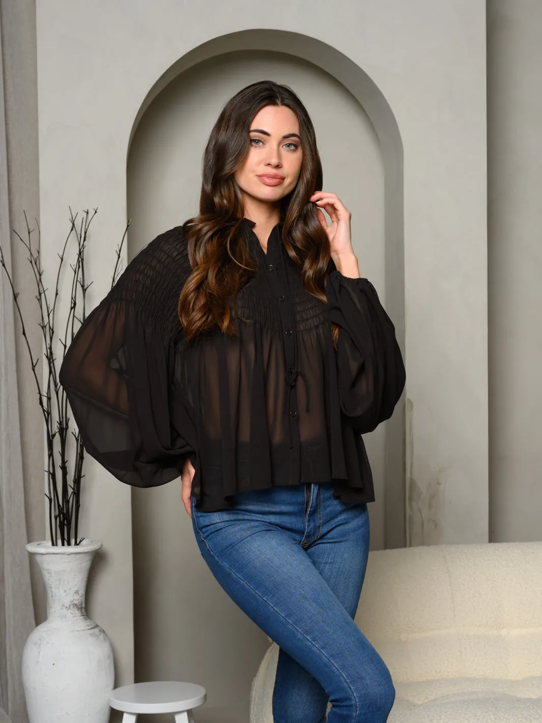 WOMEN'S LONG PUFF SLEEVE TUNIC BLOUSE TOP