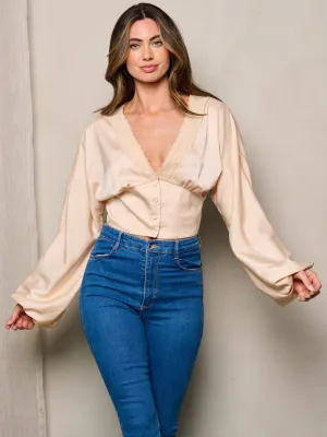 WOMEN'S LONG PUFF SLEEVE V-NECK BUTTON UP BLOUSE TOP