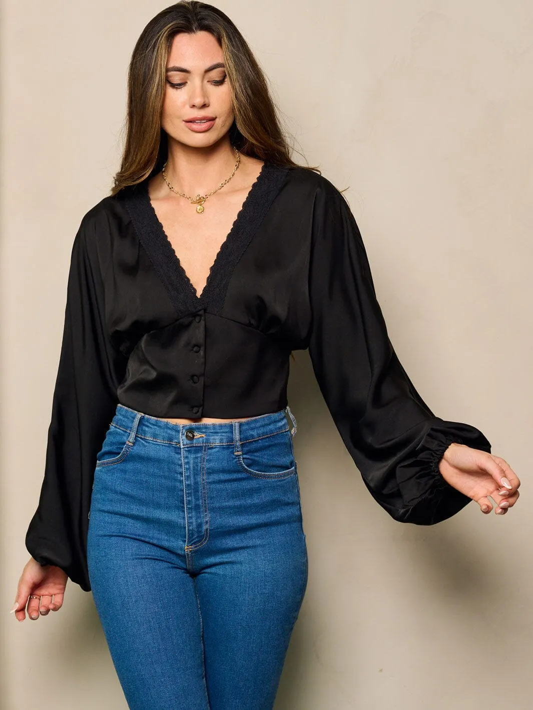 WOMEN'S LONG PUFF SLEEVE V-NECK BUTTON UP BLOUSE TOP