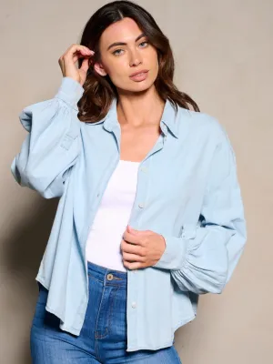 WOMEN'S LONG SLEEVE BUTTON CLOSURE CHAMBRAY TOP