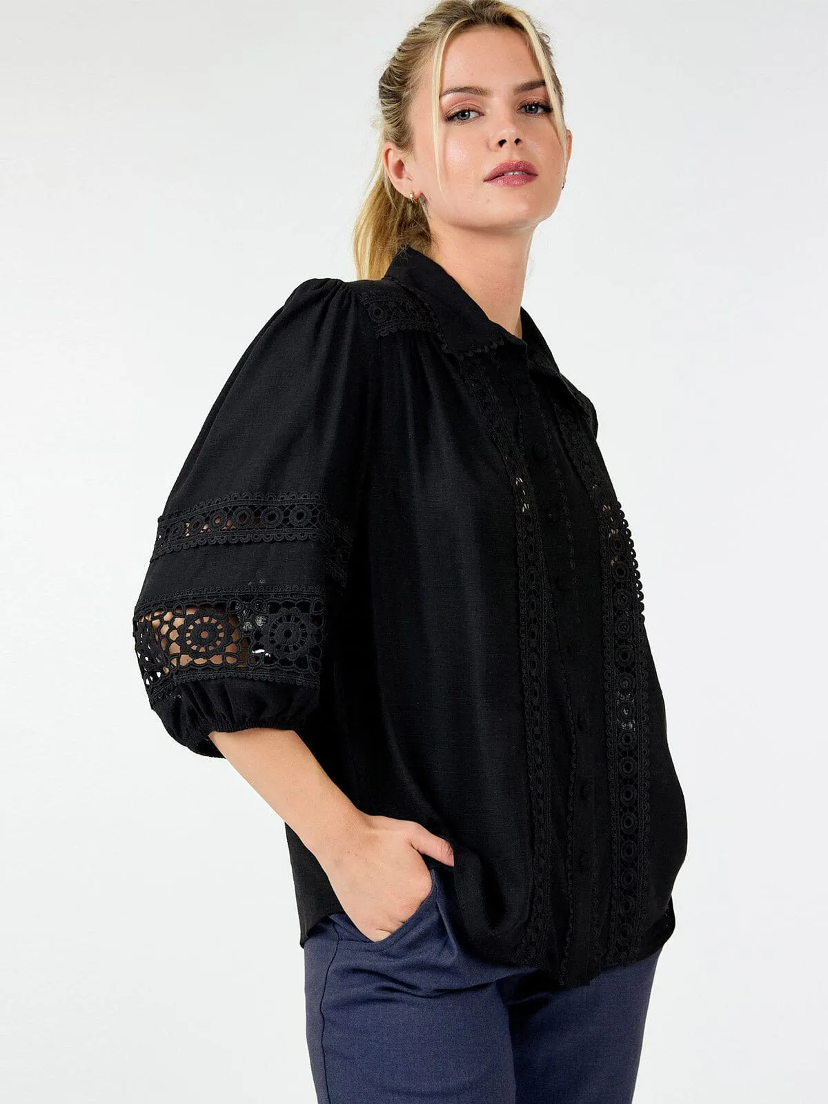 WOMEN'S LONG SLEEVE BUTTON CLOSURE CROCHET DETAILED BLOUSE