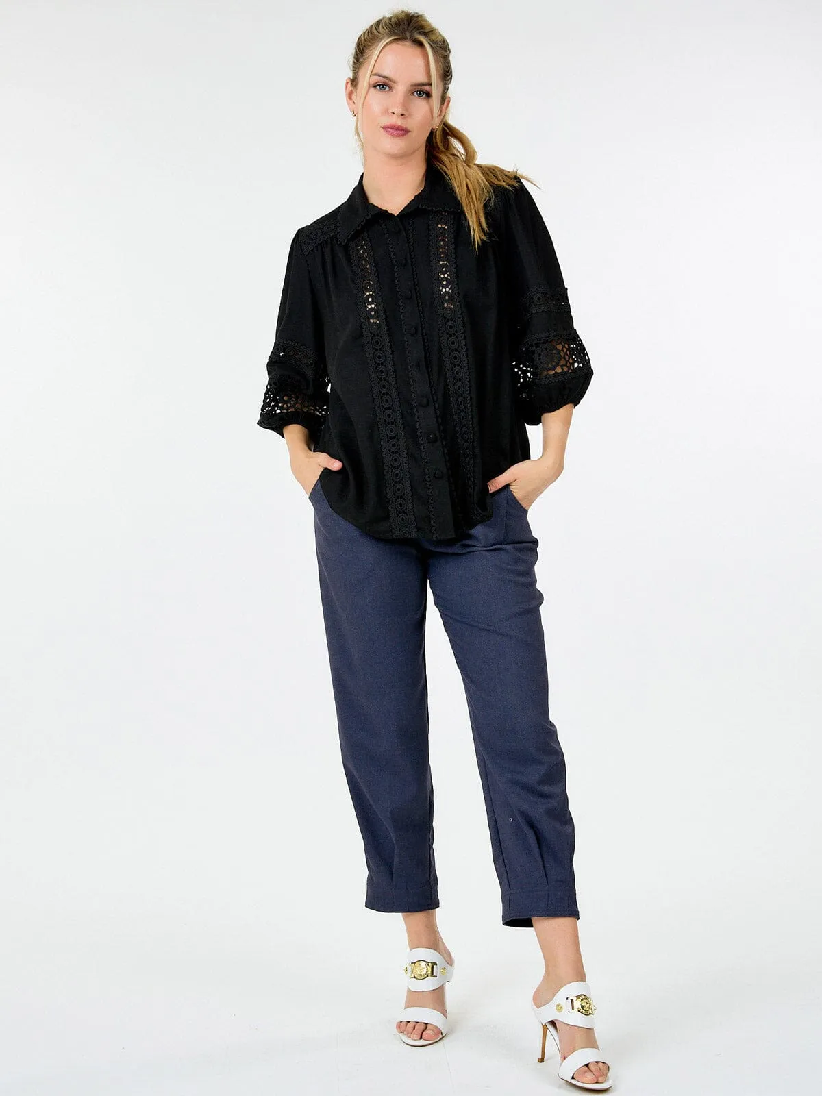 WOMEN'S LONG SLEEVE BUTTON CLOSURE CROCHET DETAILED BLOUSE