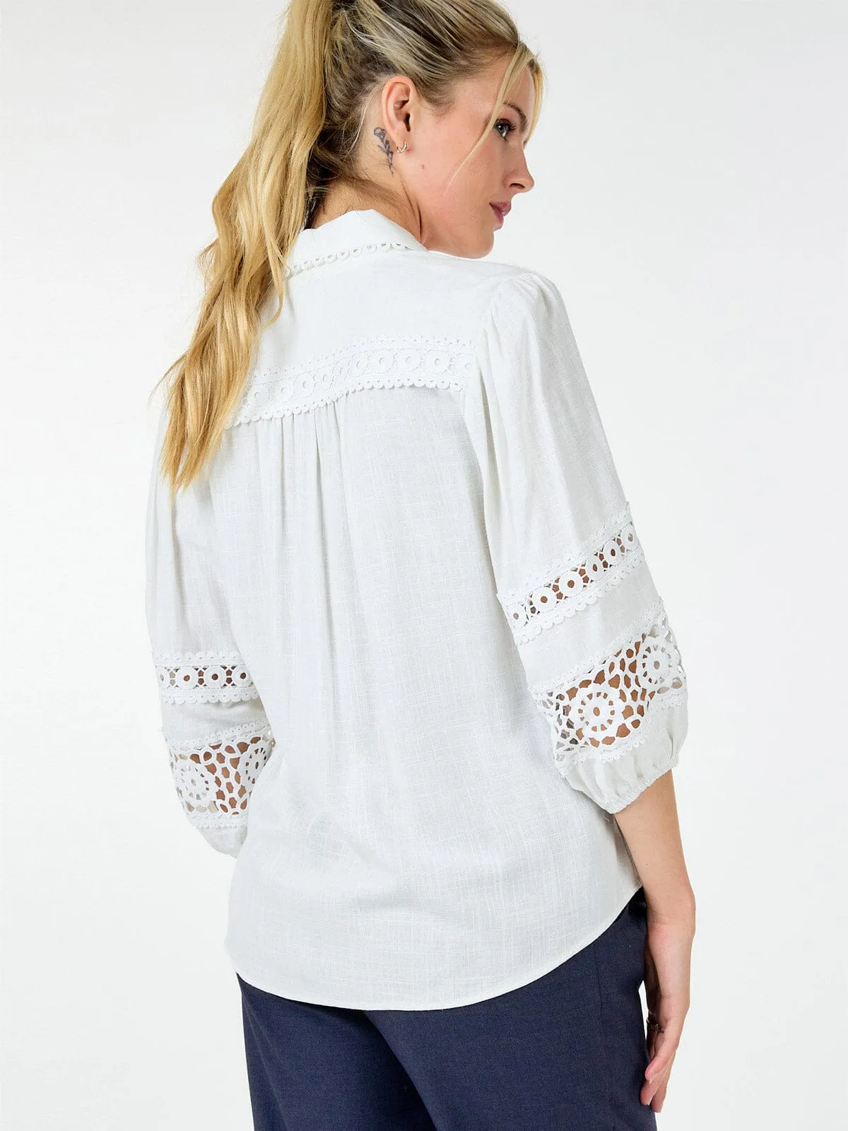 WOMEN'S LONG SLEEVE BUTTON CLOSURE CROCHET DETAILED BLOUSE