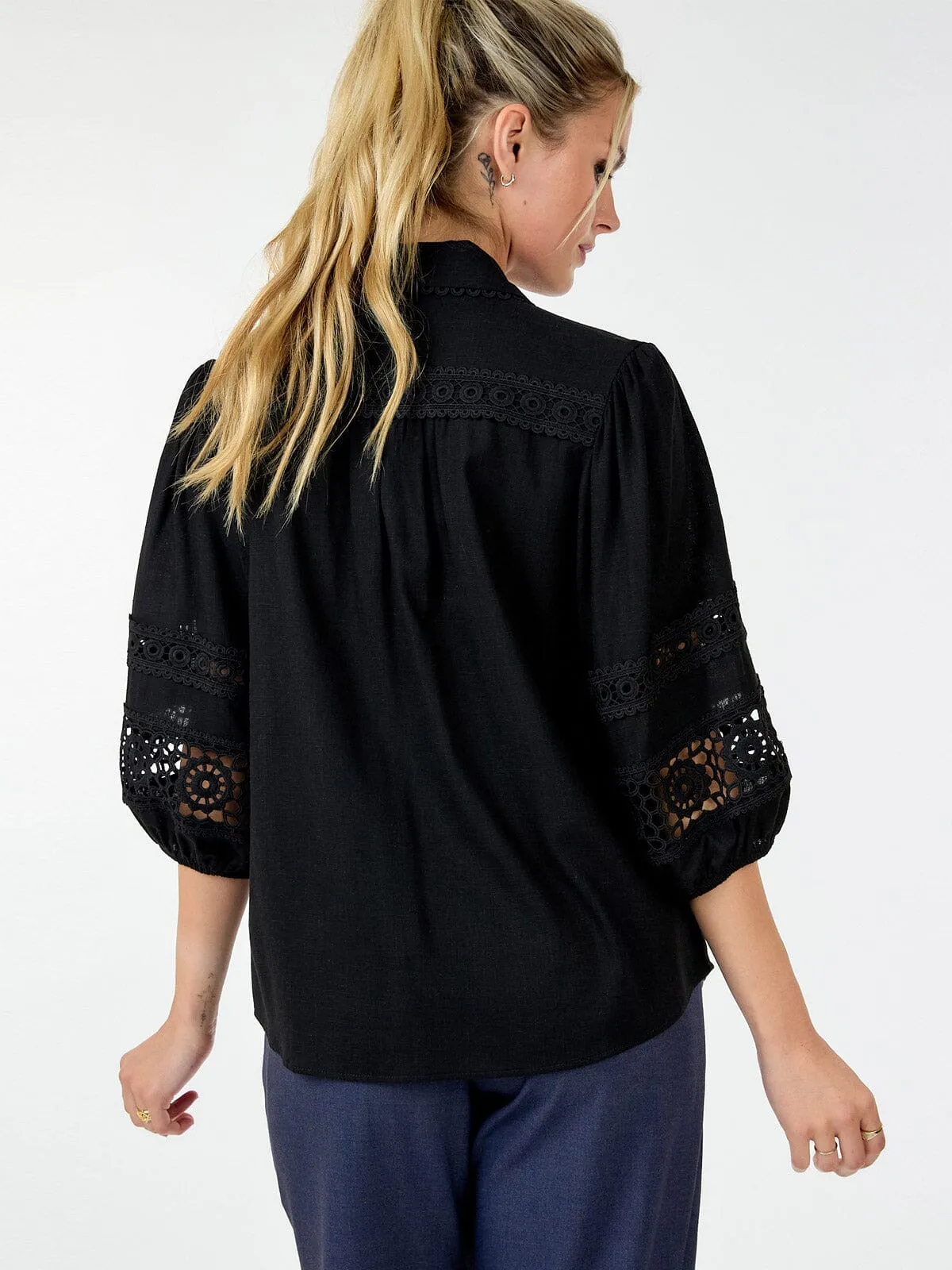 WOMEN'S LONG SLEEVE BUTTON CLOSURE CROCHET DETAILED BLOUSE