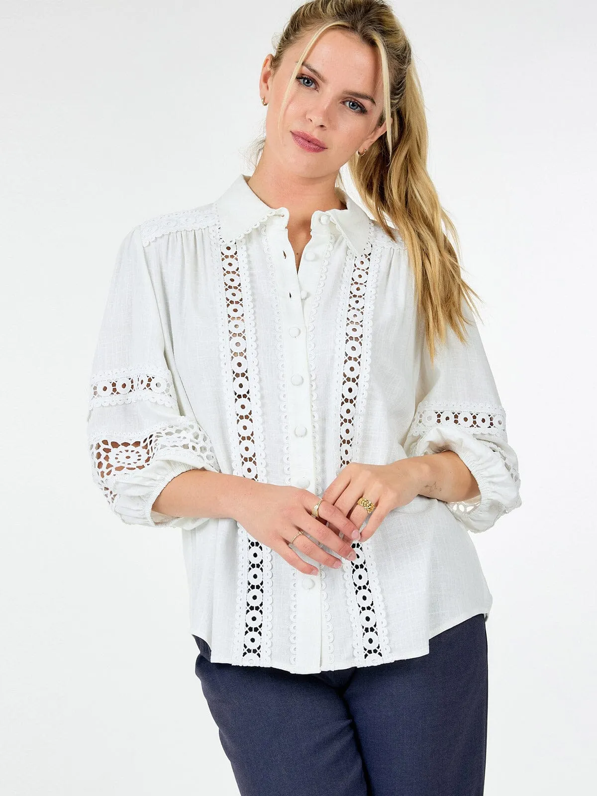 WOMEN'S LONG SLEEVE BUTTON CLOSURE CROCHET DETAILED BLOUSE