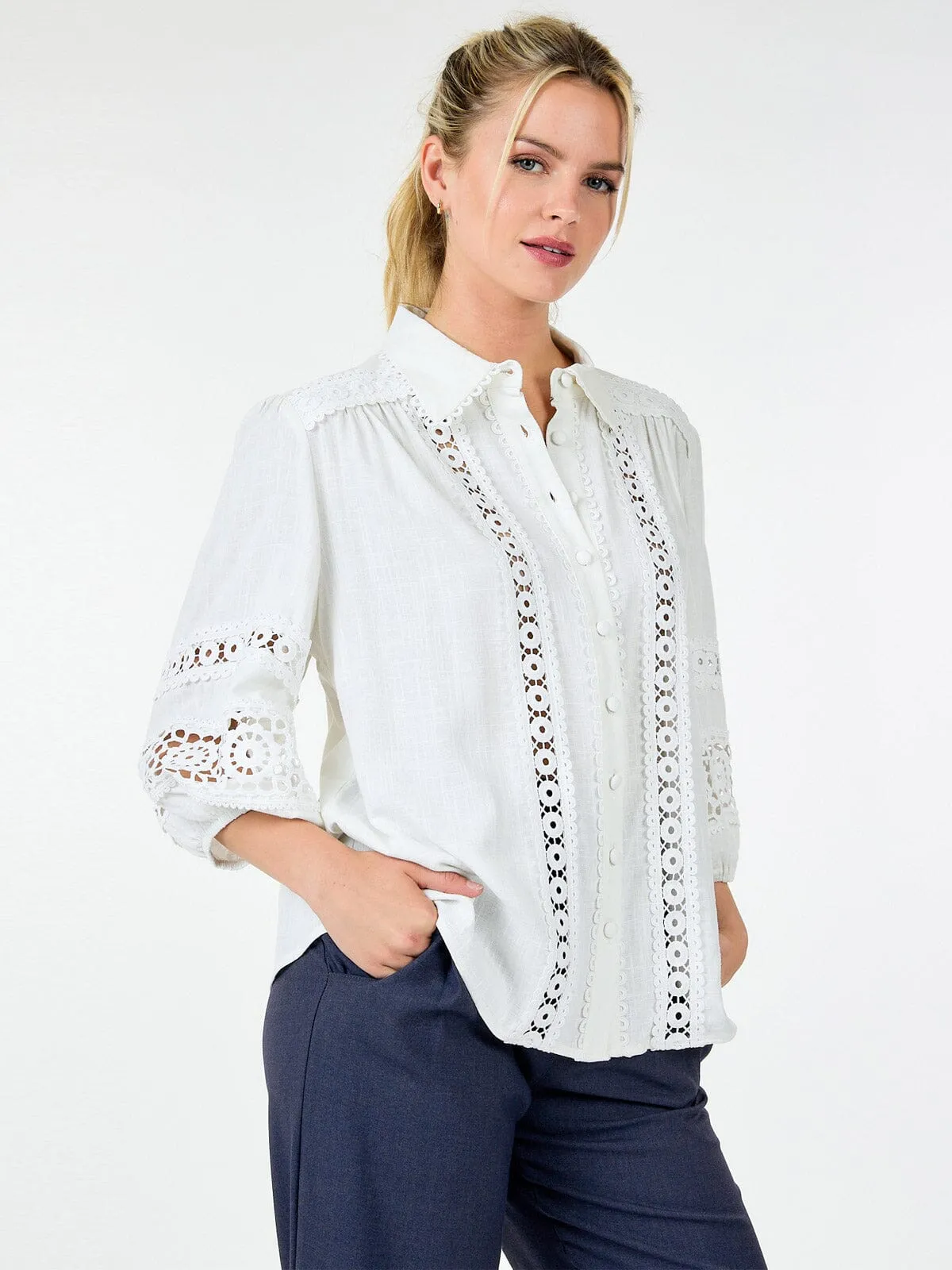 WOMEN'S LONG SLEEVE BUTTON CLOSURE CROCHET DETAILED BLOUSE
