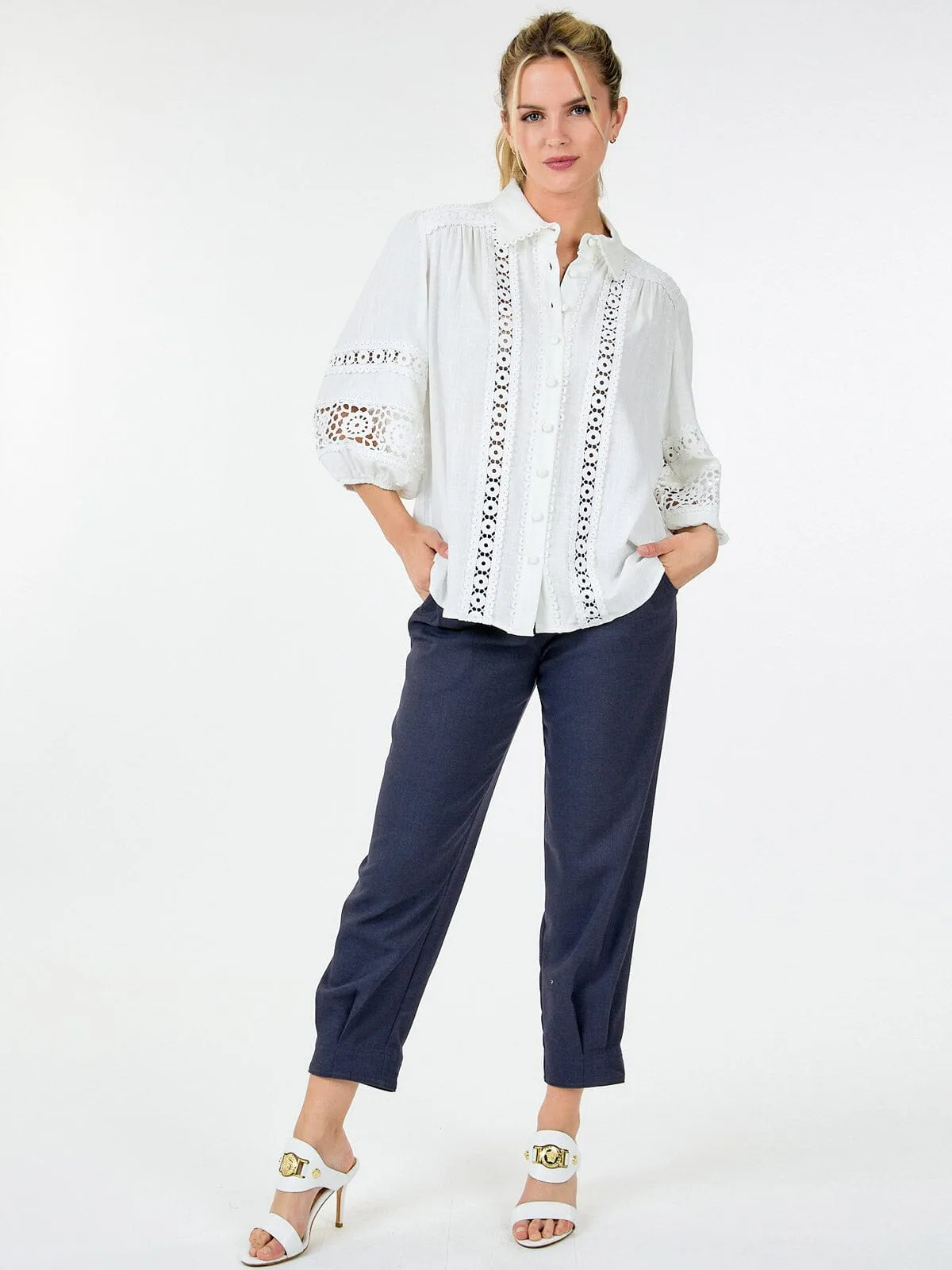 WOMEN'S LONG SLEEVE BUTTON CLOSURE CROCHET DETAILED BLOUSE